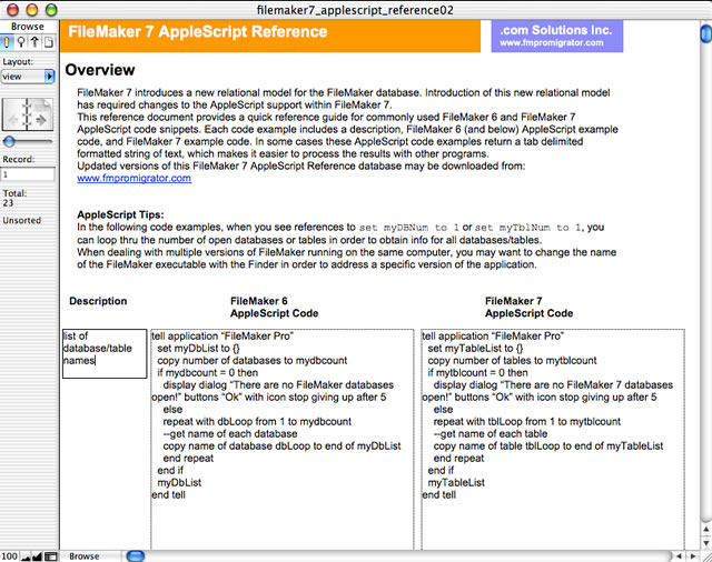 FileMaker 7 AppleScript Reference screenshot