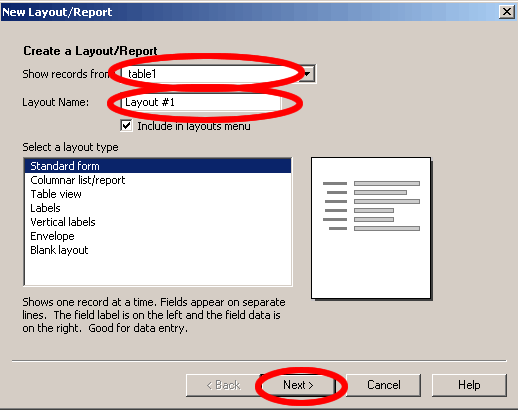 Figure 20 - Create New FileMaker 7 Layout  - Step 1