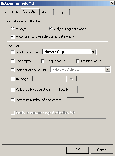 Figure 1 - FileMaker 7 Field Options - Validation