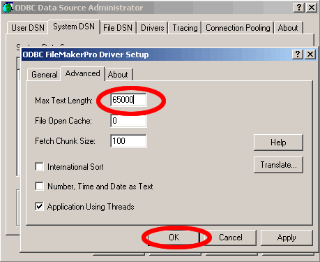 Figure 7 - FileMaker ODBC DSN Advanced Parameters