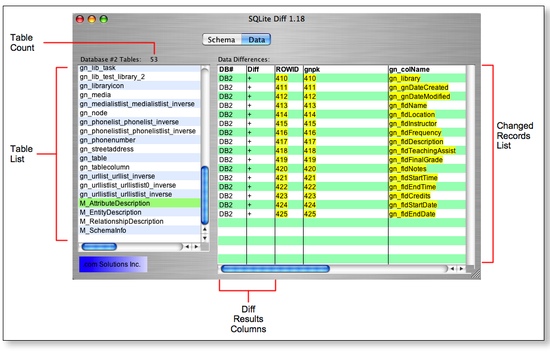 SQLite Diff - Data Results - Yellow Highlighted